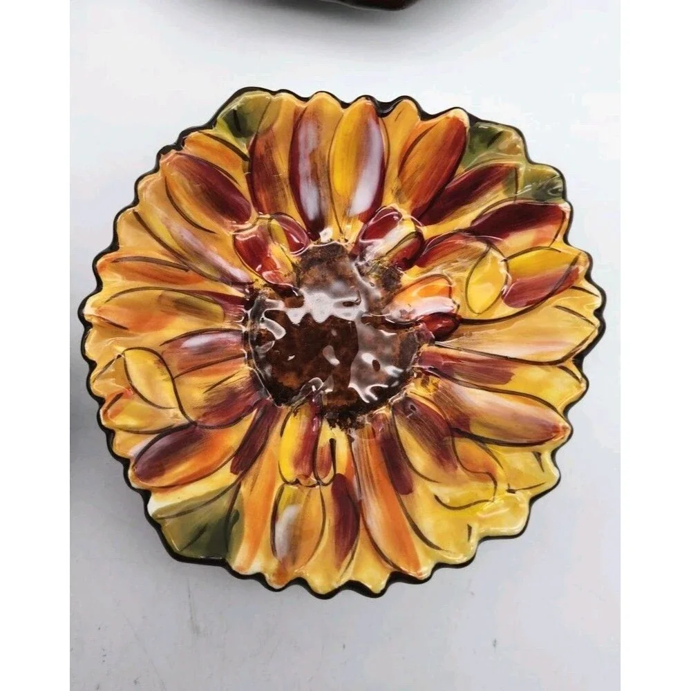 4 Clay Art Tuscan Yellow Sunflower Hand Painted Small Trinket/Snack Plates 3.5